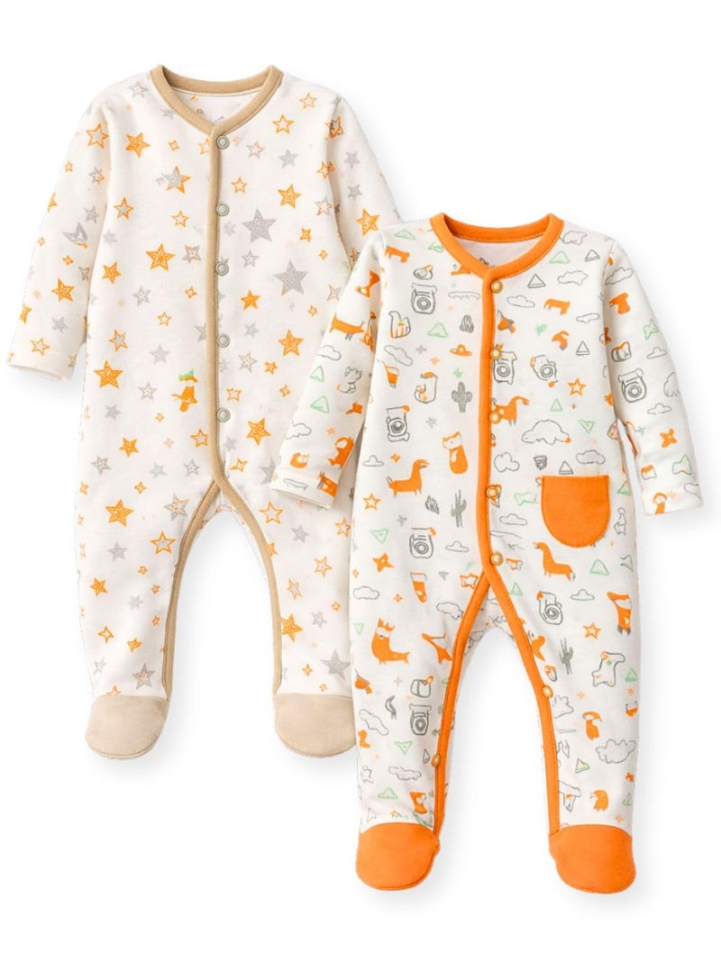 TuddyBuddy 100% Cotton Multi Color Romper Sleepsuit/Romper/Jumpsuit for Baby Boy (2 Pcs Sleepsuits, White Stars AOP & Animals AOP, 3 Months-6 Months) - Image 1