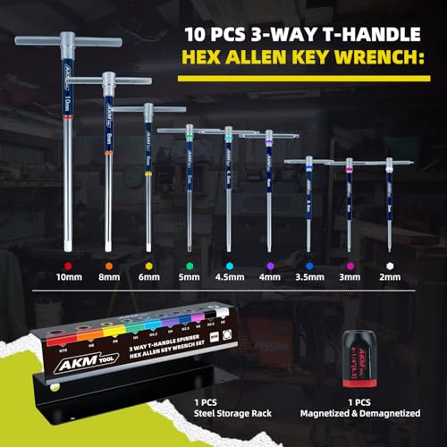 AKM TOOL 11 Pcs 3-Way T-Handle Hex Allen Key Wrench Set, Metric, 2mm-10mm, Sliding Handle, Allen Wrench Set with Magnetized & Demagnetized, for Versatile Speed And Leverage Application - Image 4