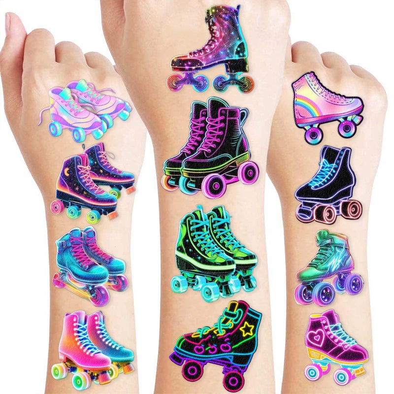 8 Sheets (96PCS) Neon Roller Skate Temporary Tattoos 80s 90s Theme Birthday Party Decorations Supplies Favors Stickers for Kids Girls Boys Gifts Classroom School Prizes Rewards - Image 1