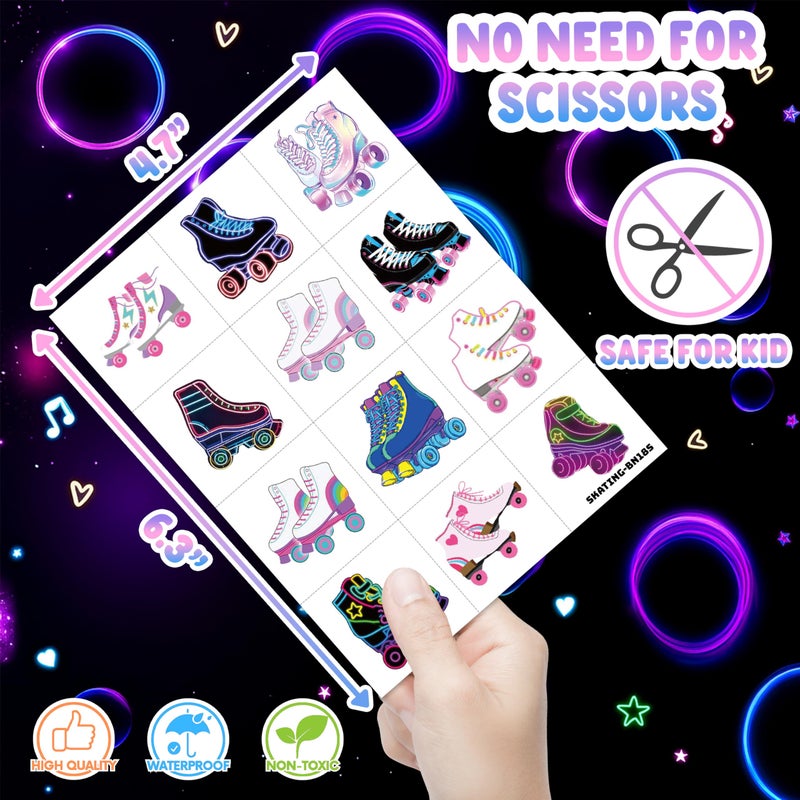 8 Sheets (96PCS) Neon Roller Skate Temporary Tattoos 80s 90s Theme Birthday Party Decorations Supplies Favors Stickers for Kids Girls Boys Gifts Classroom School Prizes Rewards - Image 4