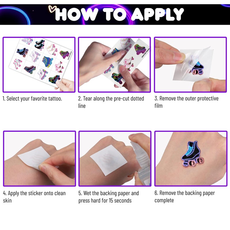 8 Sheets (96PCS) Neon Roller Skate Temporary Tattoos 80s 90s Theme Birthday Party Decorations Supplies Favors Stickers for Kids Girls Boys Gifts Classroom School Prizes Rewards - Image 5