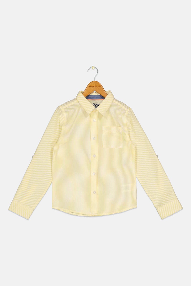 DKNY Kids Boy Pointed Collar Long Sleeve Stripe Casual Shirt, Yellow  - Image 1
