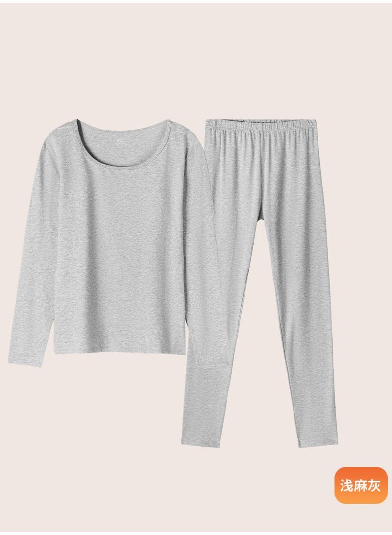 NIBEMINENT طقم قميص وسروال قطن للنساء لخريف، طقم ملابس داخلية حرارية من القطن بياقة متوسطة شتوية، طقم سترة قطنية - Image 1