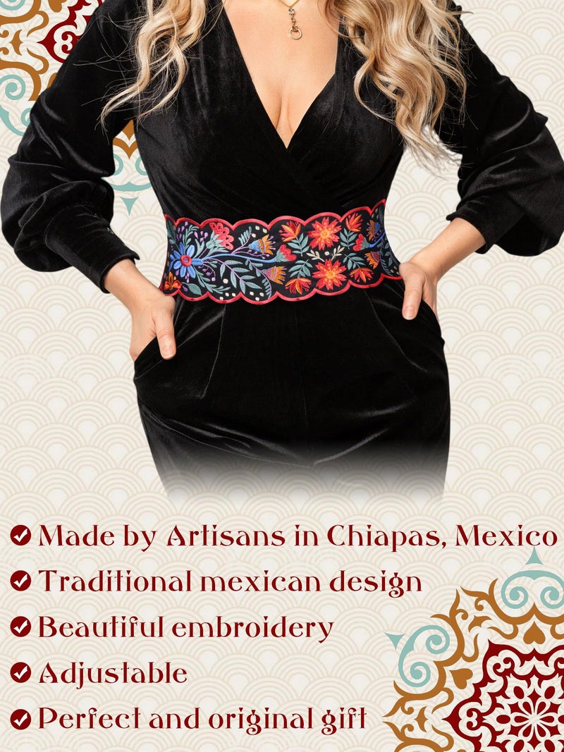 Jeere Women Embroidered Mexican Belt for Dress Floral Traditional Fiesta Waist Sash Cinco De Mayo Luau Party Outfit(Secret) - Image 3
