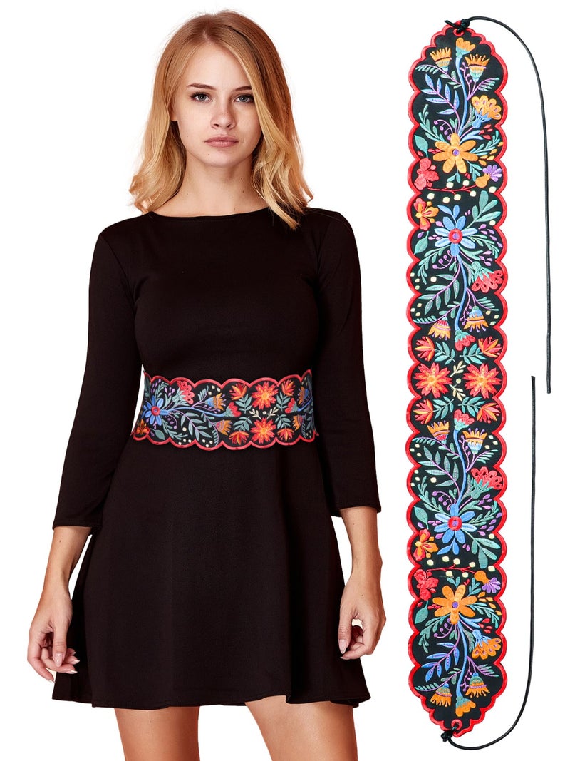 Jeere Women Embroidered Mexican Belt for Dress Floral Traditional Fiesta Waist Sash Cinco De Mayo Luau Party Outfit(Secret) - Image 1