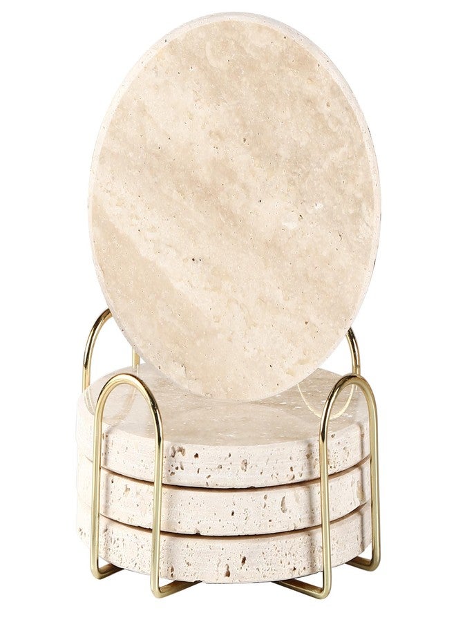 DASSNANE Natural Yellow Travertine Marble Coasters Set of 4-4" Round Stone Drink(with Gold Cup Holder) (4 Round Coasters+ 1 Cup Holder) - Image 1