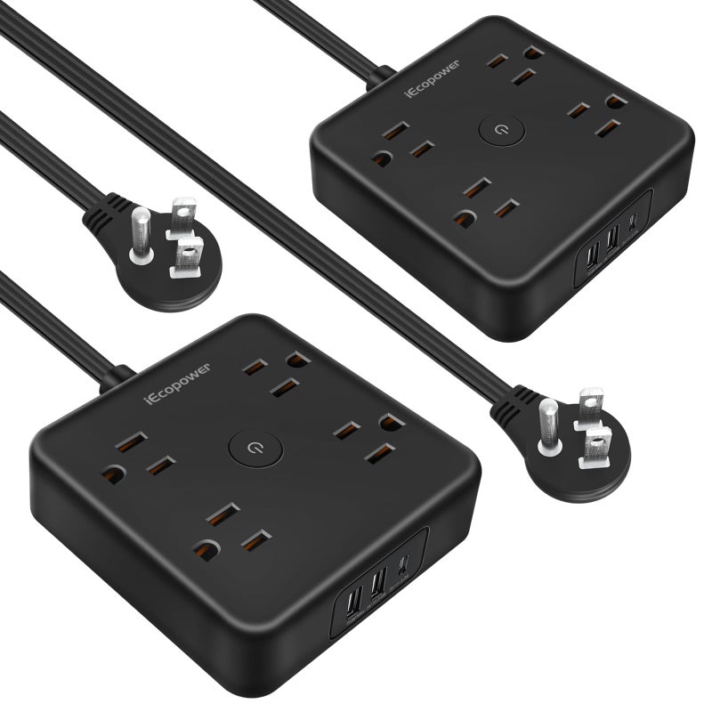IECOPOWER 2 Pack Ultra Flat Plug Power Strip,Power Strips with Surge Protection-4 Widely Outlets,6 ft Flat Plug Extension Cord with 3 USB Ports(1 USB C Port),Slim Desk Charging Station,Black - Image 1
