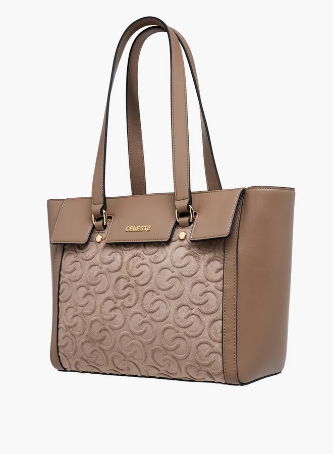 Celeste Monogram Embossed Tote Bag with Double Handle and Zip Closure