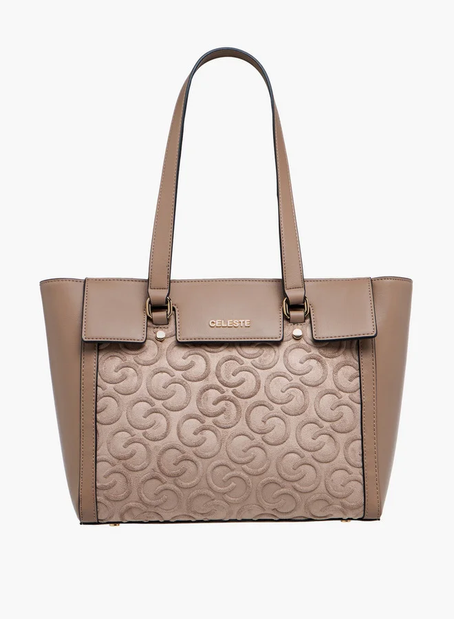 Celeste Monogram Embossed Tote Bag with Double Handle and Zip Closure