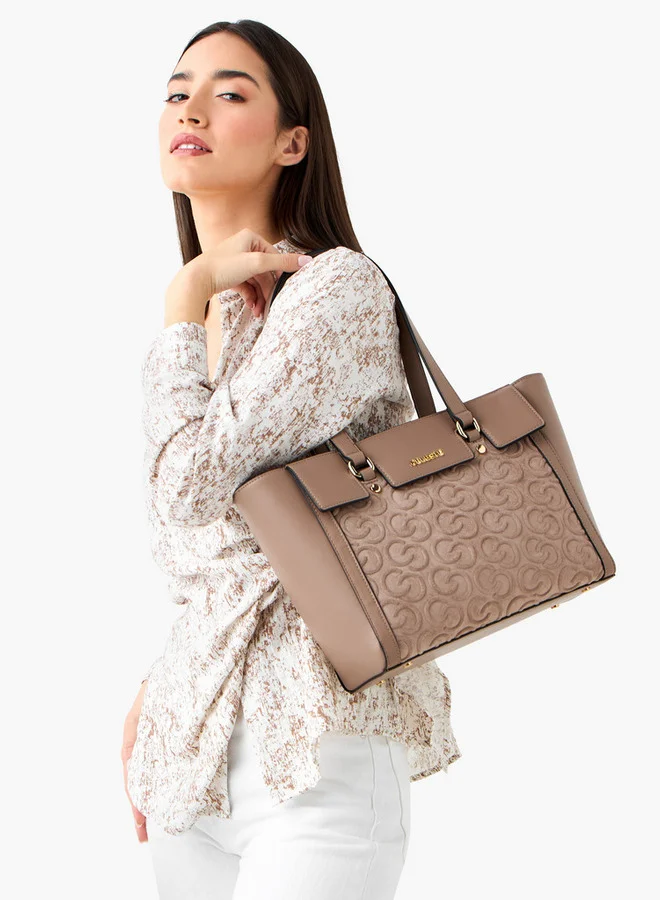 Celeste Monogram Embossed Tote Bag with Double Handle and Zip Closure