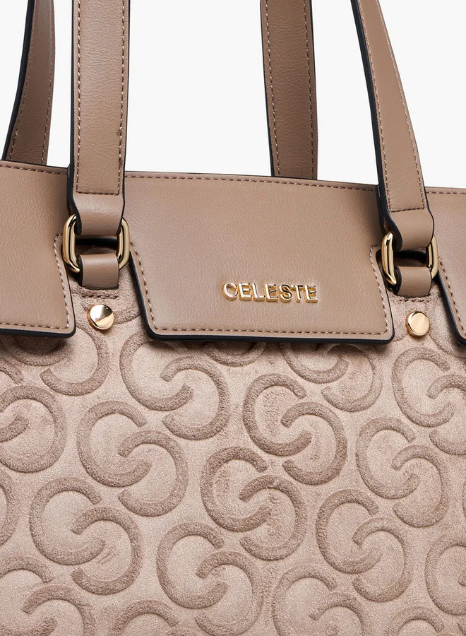 Celeste Monogram Embossed Tote Bag with Double Handle and Zip Closure