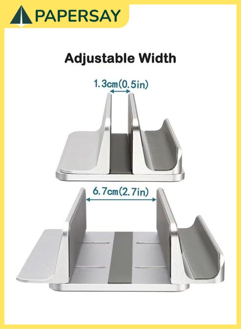 PAPERSAY Vertical Laptop Stand for Desk, Heavy Duty Polished Aluminum Desktop Holder for Laptop, Tablet and Phone (2 Slots, Silver) - Image 2