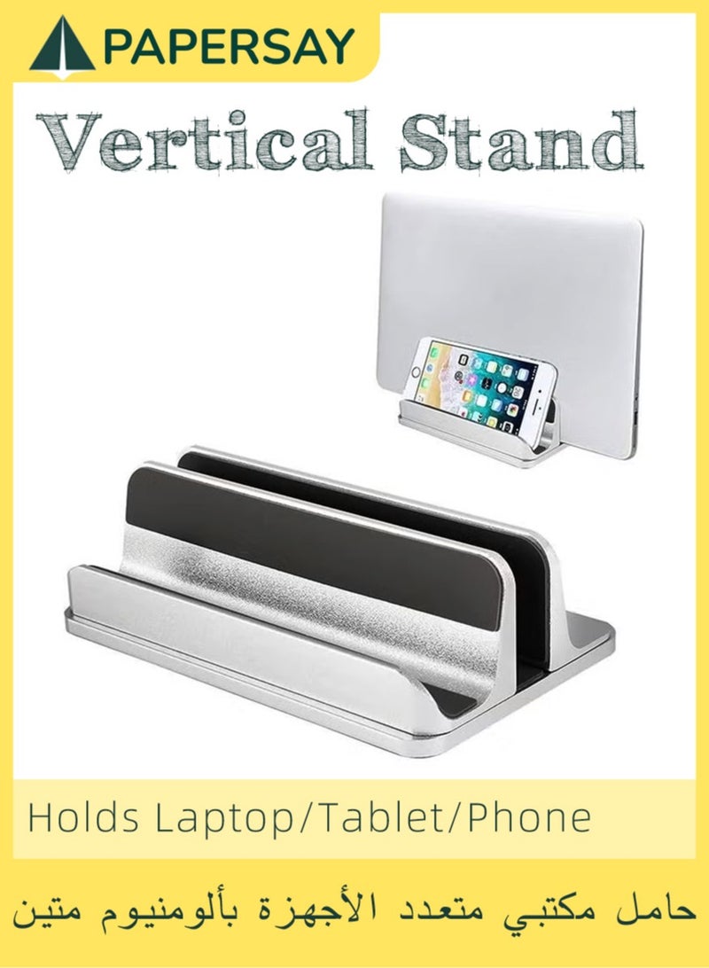 PAPERSAY Vertical Laptop Stand for Desk, Heavy Duty Polished Aluminum Desktop Holder for Laptop, Tablet and Phone (2 Slots, Silver) - Image 1
