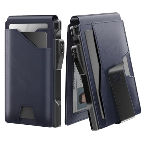 typecase Tactical Wallet for Men Card Holder: Pop Up Card Case, Genuine Leather, Smart, RFID Blocking, Slim, Minimalist, Thin, Front Pocket - 9-13 Card Capacitiy, ID Window, Money Clip (Navy) - Image 1