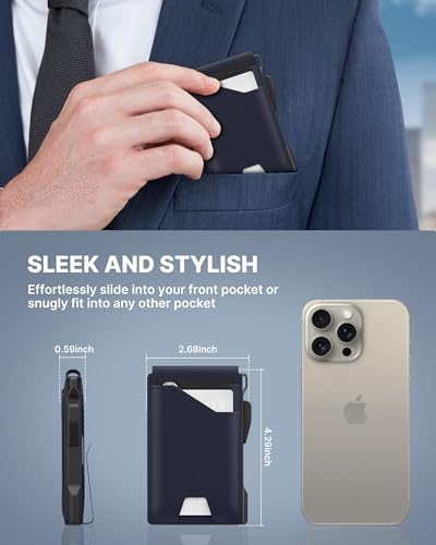 typecase Tactical Wallet for Men Card Holder: Pop Up Card Case, Genuine Leather, Smart, RFID Blocking, Slim, Minimalist, Thin, Front Pocket - 9-13 Card Capacitiy, ID Window, Money Clip (Navy) - Image 4