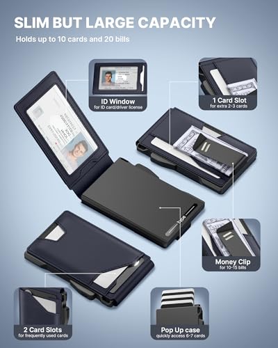 typecase Tactical Wallet for Men Card Holder: Pop Up Card Case, Genuine Leather, Smart, RFID Blocking, Slim, Minimalist, Thin, Front Pocket - 9-13 Card Capacitiy, ID Window, Money Clip (Navy) - Image 2