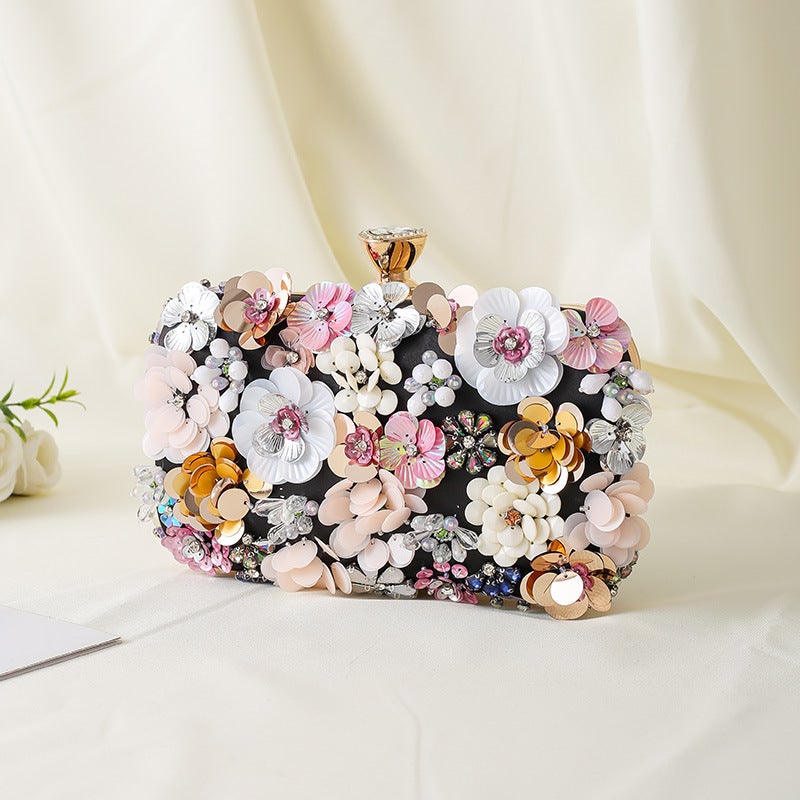 Floral Beaded Clutch Evening Bag for Women Black