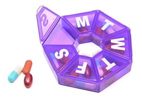 pill thing Pillthing Weekly 7 Sided Pill Organzier 3 pack 1 each of Blue Green Purple Small Pill Box for Travel with Medical Alert Card - Image 5