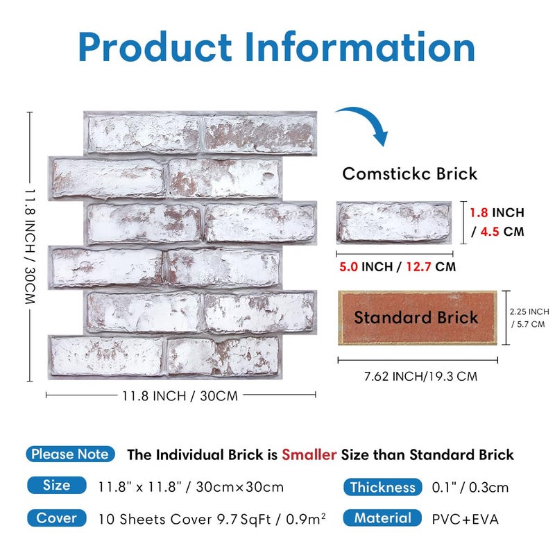 COMSTICKC 3D Faux Brick Wall Panel Peel and Stick, 10 Pcs of 12"X12", Not Real Brick, Small Size, Ultra-Light PVC Fake Brick Decorative Tiles Backsplash, Retro White, Paintable - Image 4