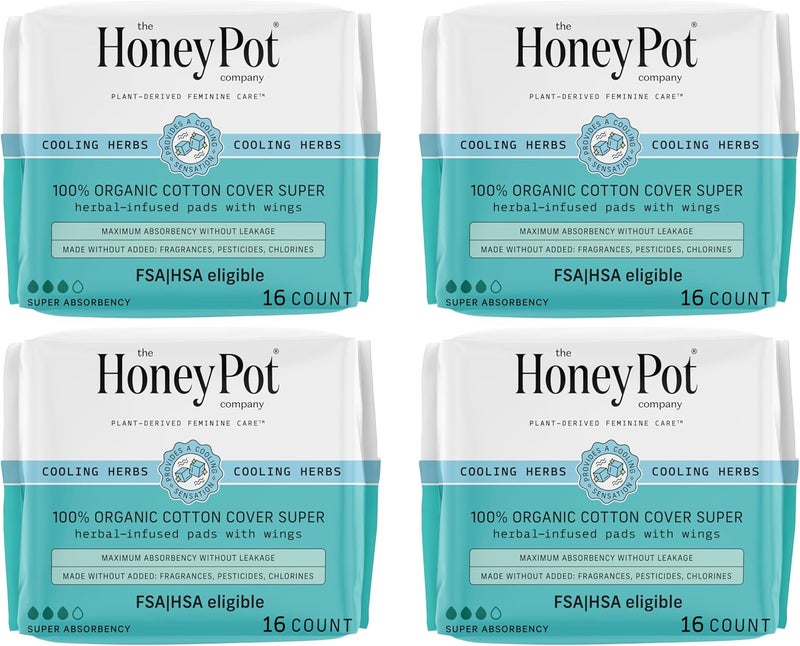 The Honey Pot Company - 64ct - Herbal Pads for Women - Super w/Wings - Infused w/Essential Oils for Cooling Effect, Organic Cotton Cover, & Ultra-Absorbent Pulp Core - Feminine Care - FSA & HSA