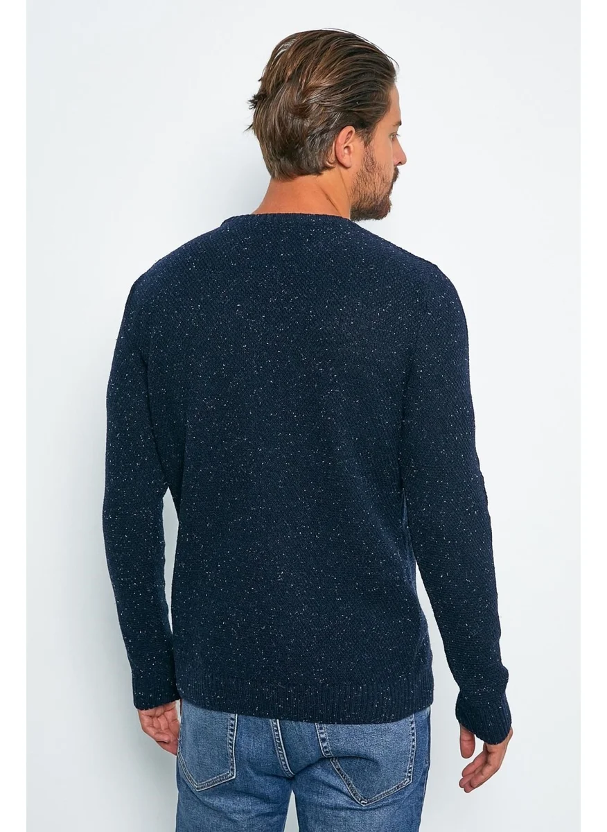 Odelon Men's Standard Fit Crew Neck Wool Knitwear Sweater Navy Blue
