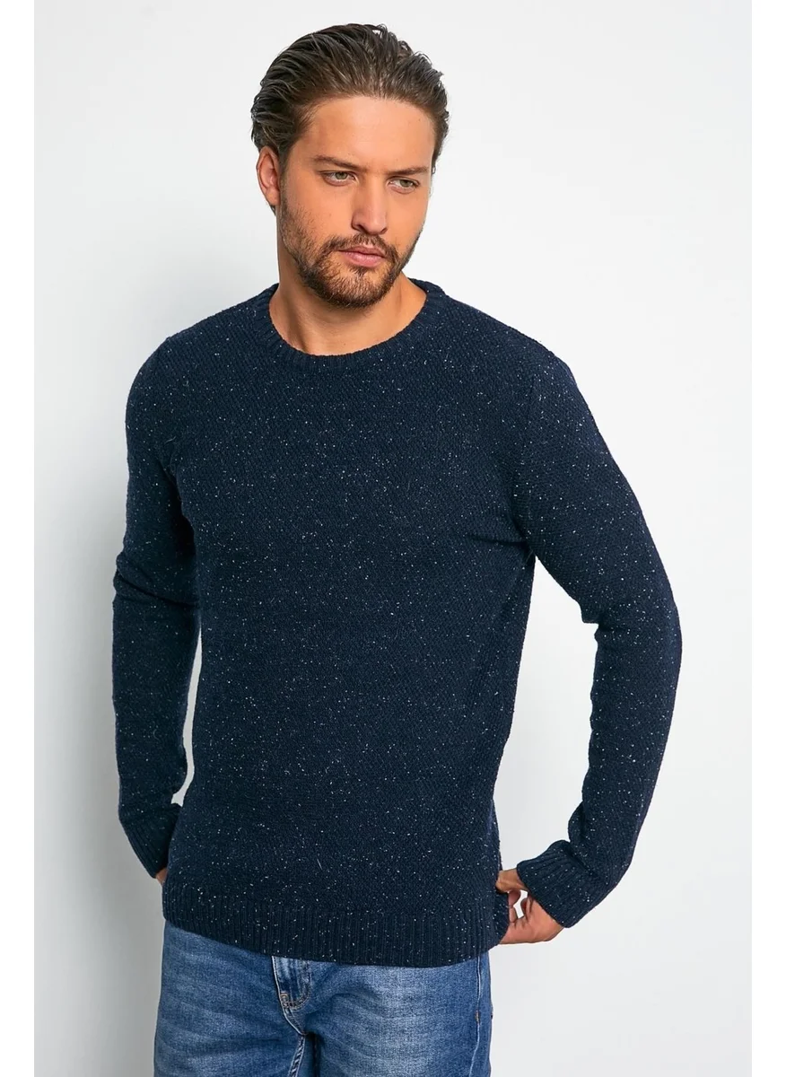 Odelon Men's Standard Fit Crew Neck Wool Knitwear Sweater Navy Blue