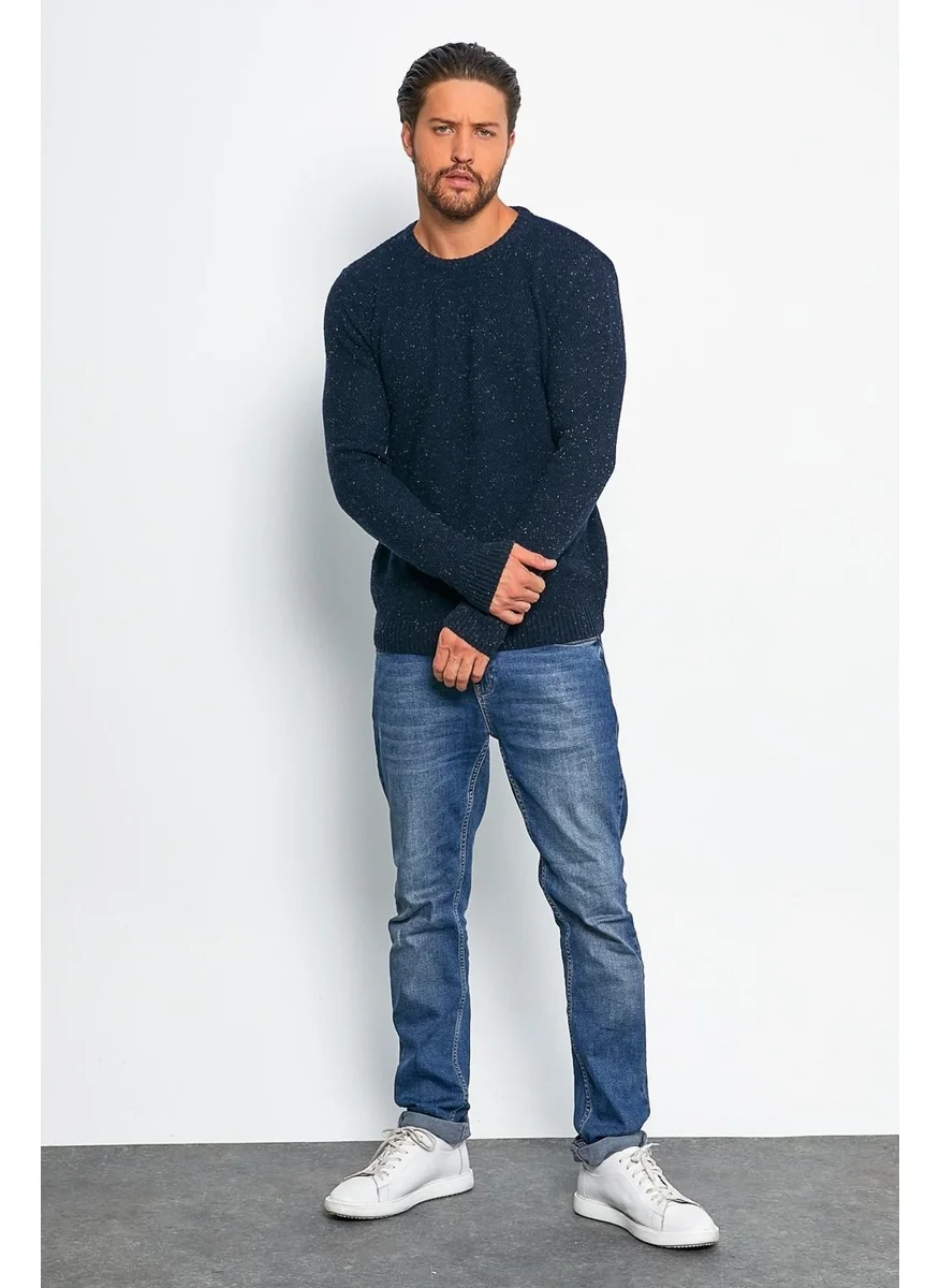 Odelon Men's Standard Fit Crew Neck Wool Knitwear Sweater Navy Blue