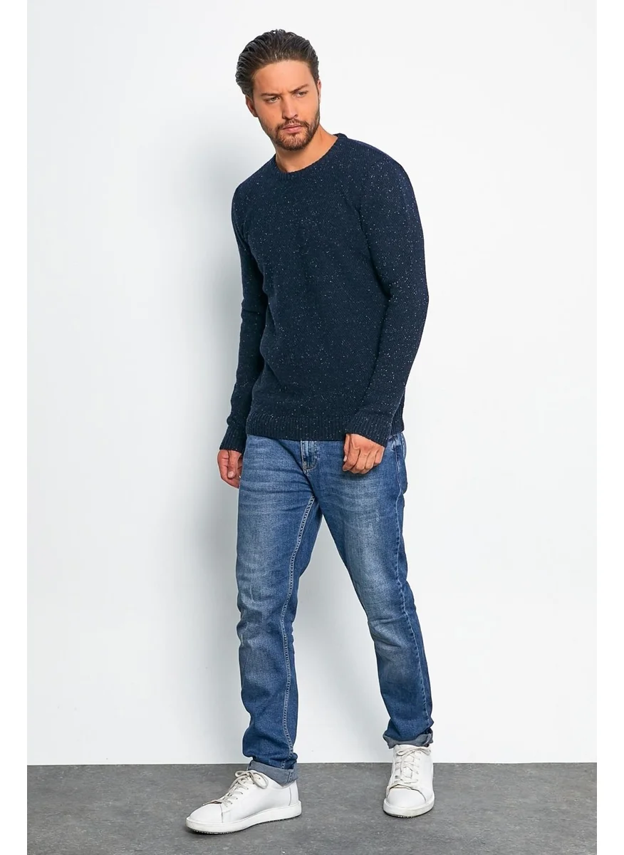Odelon Men's Standard Fit Crew Neck Wool Knitwear Sweater Navy Blue
