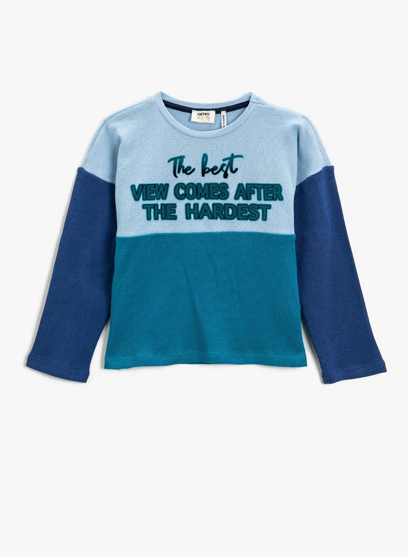 KOTON Slogan Printed Long Sleeve T-Shirt Cotton Color Block