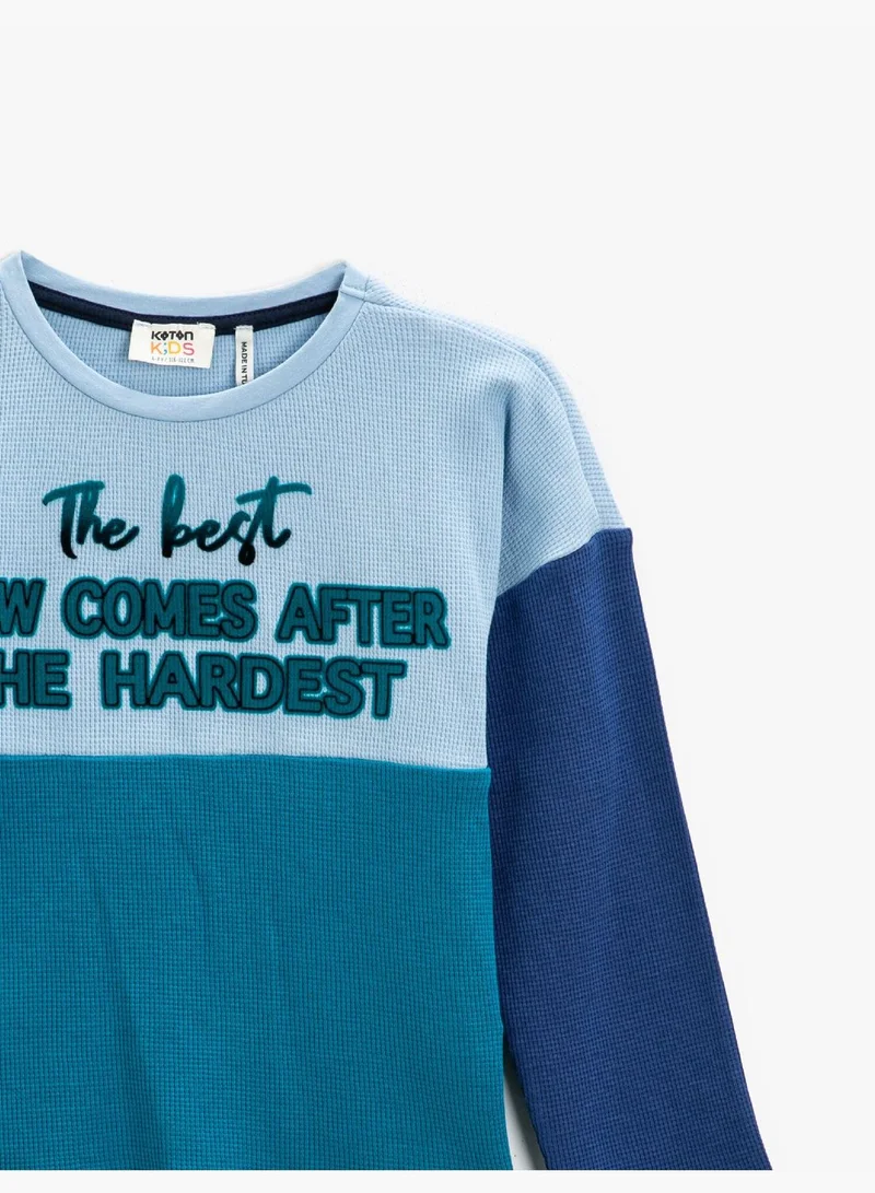 KOTON Slogan Printed Long Sleeve T-Shirt Cotton Color Block