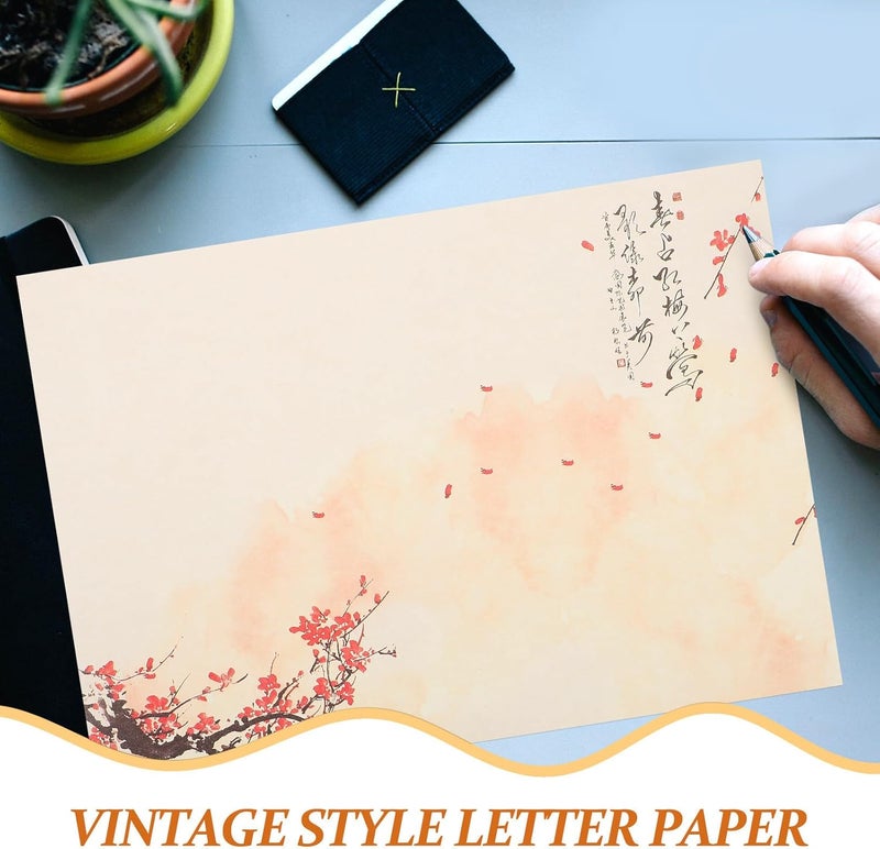 Retro Plum Blossom Writing Paper Set Vintage Stationery Letter Paper 8 Sheets Per Set Colored Ink Wash Design for Handwriting and Printing for Letters and Notes - Image 3