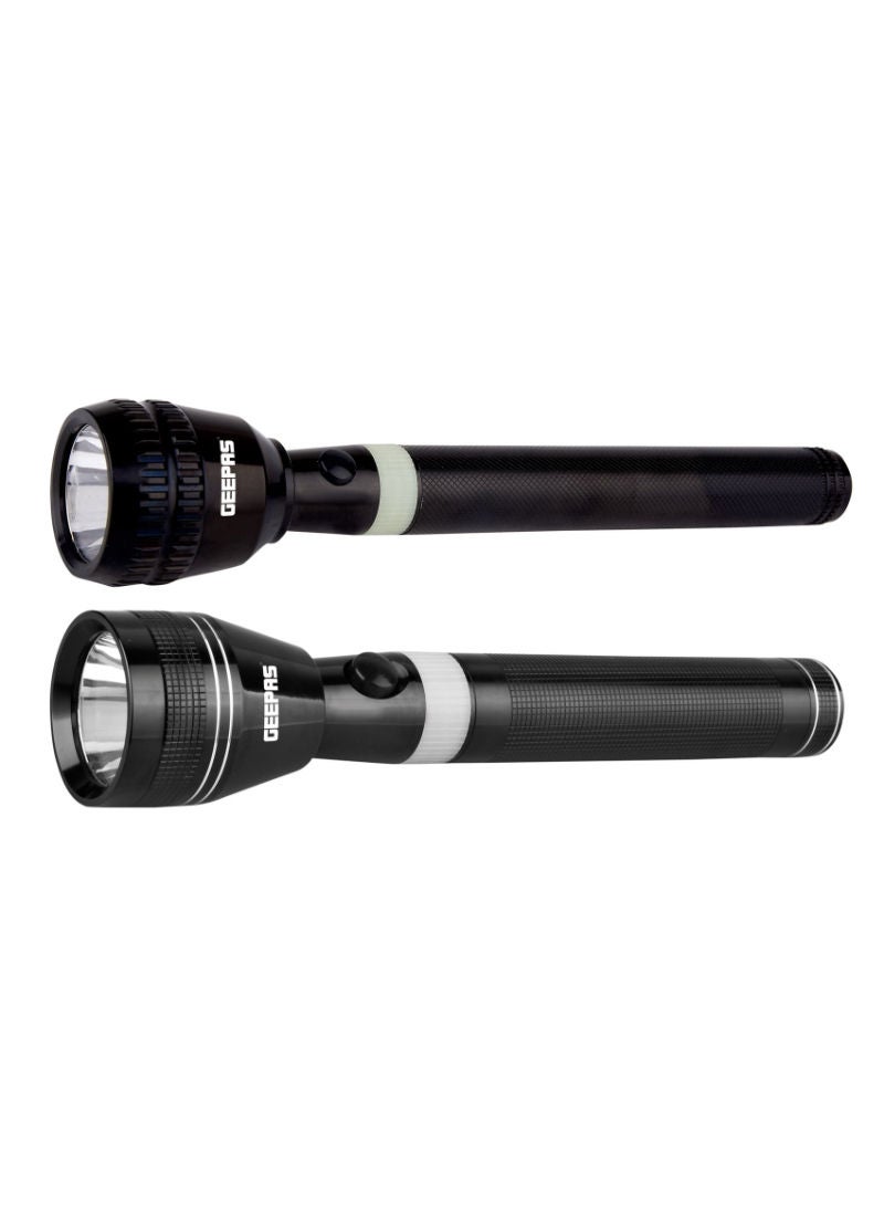 Geepas Rechargeable Led Flashlight 3W Portable Design With Glow Rubber 3 Hours Working Ideal For Camping Trekking And Power Cut Offs Gfl4637 2Pcs