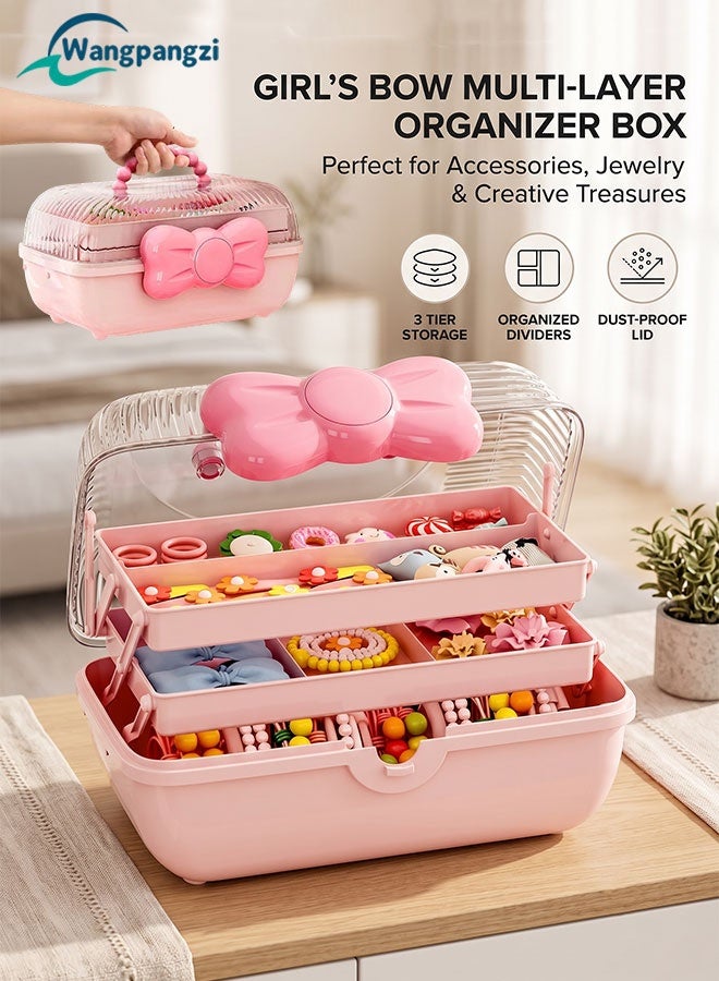 WangPangZi 3-Layer Kids Hair Accessories Organizer with Bowknot Lock, Cute Jewelry Box Headband Hair Tie Clip Organizer Box Storage Box Foldable Jewelry Craft Organizer with Handle and Lock Multi-Purpose Case, Pink (27.4 x 15 x 14.5cm) - Image 1