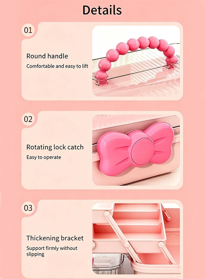 WangPangZi 3-Layer Kids Hair Accessories Organizer with Bowknot Lock, Cute Jewelry Box Headband Hair Tie Clip Organizer Box Storage Box Foldable Jewelry Craft Organizer with Handle and Lock Multi-Purpose Case, Pink (27.4 x 15 x 14.5cm) - Image 3