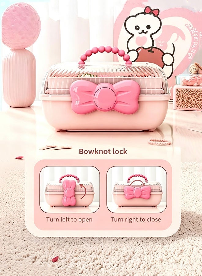 WangPangZi 3-Layer Kids Hair Accessories Organizer with Bowknot Lock, Cute Jewelry Box Headband Hair Tie Clip Organizer Box Storage Box Foldable Jewelry Craft Organizer with Handle and Lock Multi-Purpose Case, Pink (27.4 x 15 x 14.5cm) - Image 4