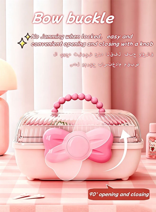 WangPangZi 3-Layer Kids Hair Accessories Organizer with Bowknot Lock, Cute Jewelry Box Headband Hair Tie Clip Organizer Box Storage Box Foldable Jewelry Craft Organizer with Handle and Lock Multi-Purpose Case, Pink (27.4 x 15 x 14.5cm) - Image 5