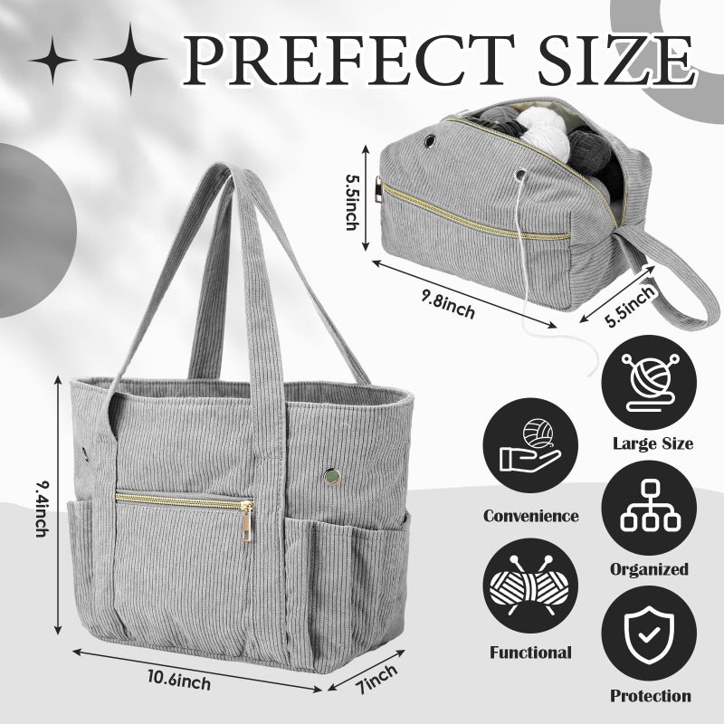 Bulyoou 2 Pcs Crochet Bag and Tote Set Corduroy Yarn Bag Crochet Tote Bag for Crochet Hooks Organizer Yarn Holder for Crochet Lovers Knitting Bag Crochet Accessories(Grey) - Image 2