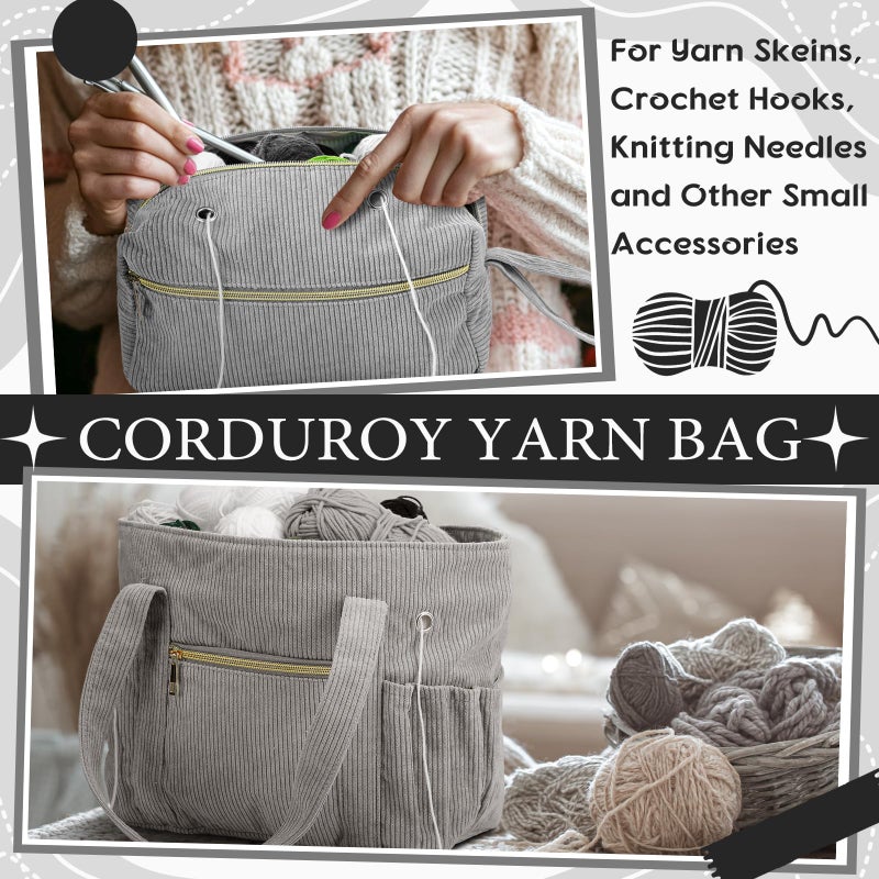 Bulyoou 2 Pcs Crochet Bag and Tote Set Corduroy Yarn Bag Crochet Tote Bag for Crochet Hooks Organizer Yarn Holder for Crochet Lovers Knitting Bag Crochet Accessories(Grey) - Image 5