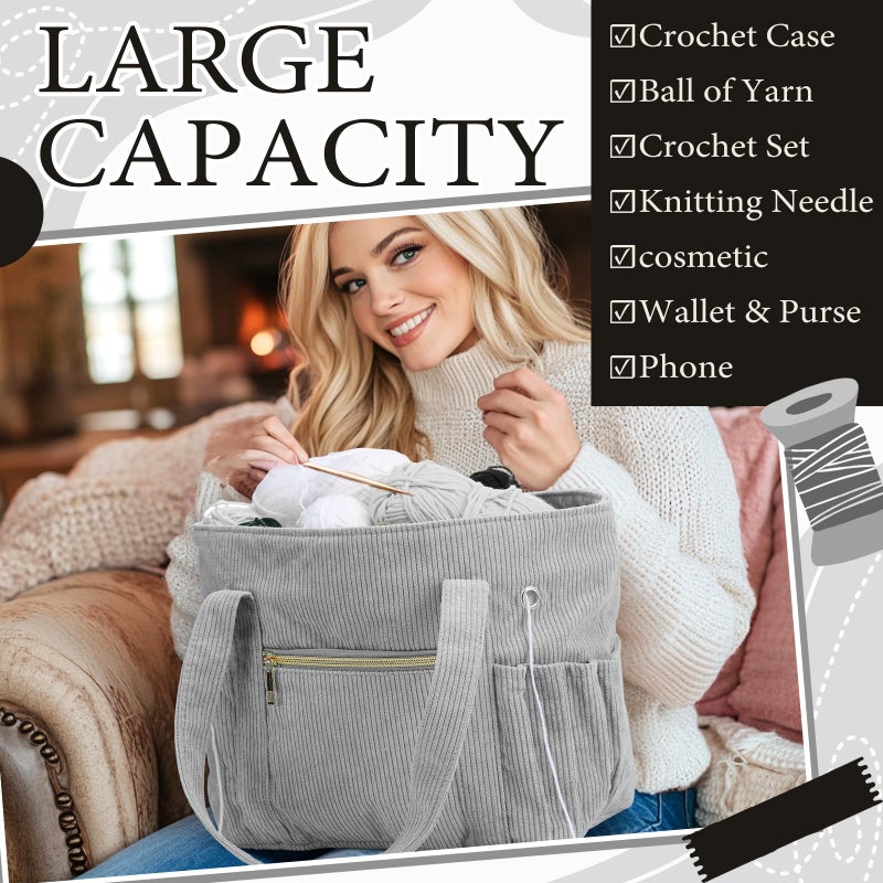 Bulyoou 2 Pcs Crochet Bag and Tote Set Corduroy Yarn Bag Crochet Tote Bag for Crochet Hooks Organizer Yarn Holder for Crochet Lovers Knitting Bag Crochet Accessories(Grey) - Image 4