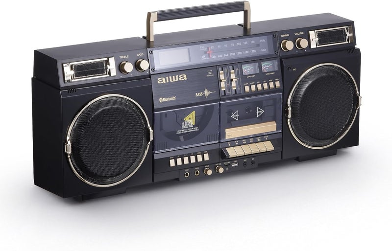 أيوا aiwa Retro Boombox BackTrack CD Player with Cassette Recording, Bluetooth 5.0, FM/AM Radio, USB/SD/AUX Inputs, VU Meter, LCD Display, Dual 40W Speaker (Black and Gold) - Image 1