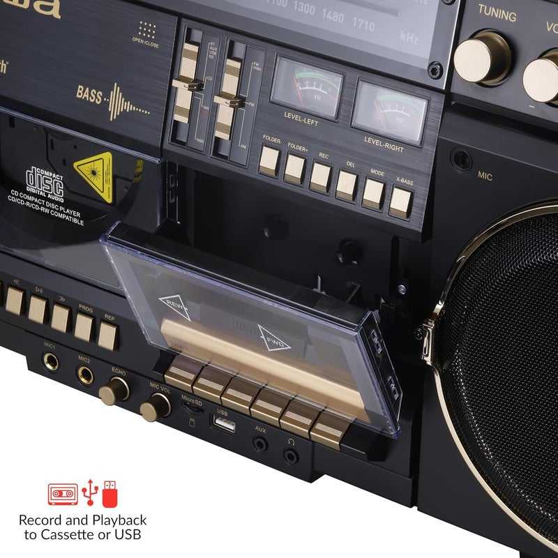 أيوا aiwa Retro Boombox BackTrack CD Player with Cassette Recording, Bluetooth 5.0, FM/AM Radio, USB/SD/AUX Inputs, VU Meter, LCD Display, Dual 40W Speaker (Black and Gold) - Image 2