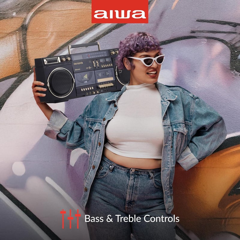 أيوا aiwa Retro Boombox BackTrack CD Player with Cassette Recording, Bluetooth 5.0, FM/AM Radio, USB/SD/AUX Inputs, VU Meter, LCD Display, Dual 40W Speaker (Black and Gold) - Image 5