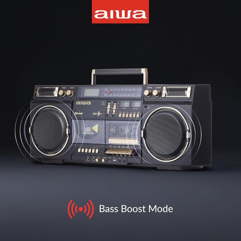 أيوا aiwa Retro Boombox BackTrack CD Player with Cassette Recording, Bluetooth 5.0, FM/AM Radio, USB/SD/AUX Inputs, VU Meter, LCD Display, Dual 40W Speaker (Black and Gold) - Image 3