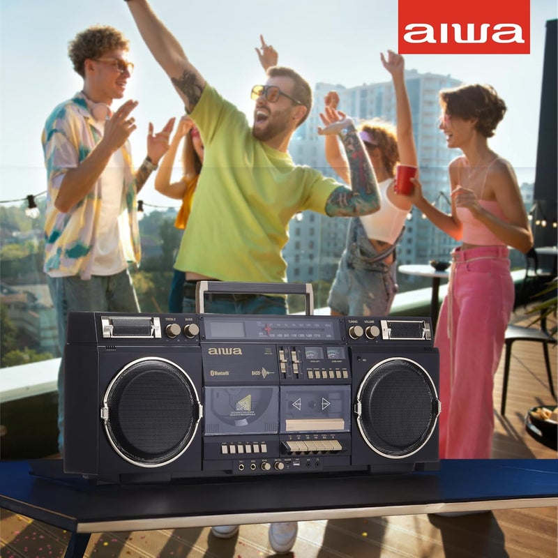 أيوا aiwa Retro Boombox BackTrack CD Player with Cassette Recording, Bluetooth 5.0, FM/AM Radio, USB/SD/AUX Inputs, VU Meter, LCD Display, Dual 40W Speaker (Black and Gold) - Image 4