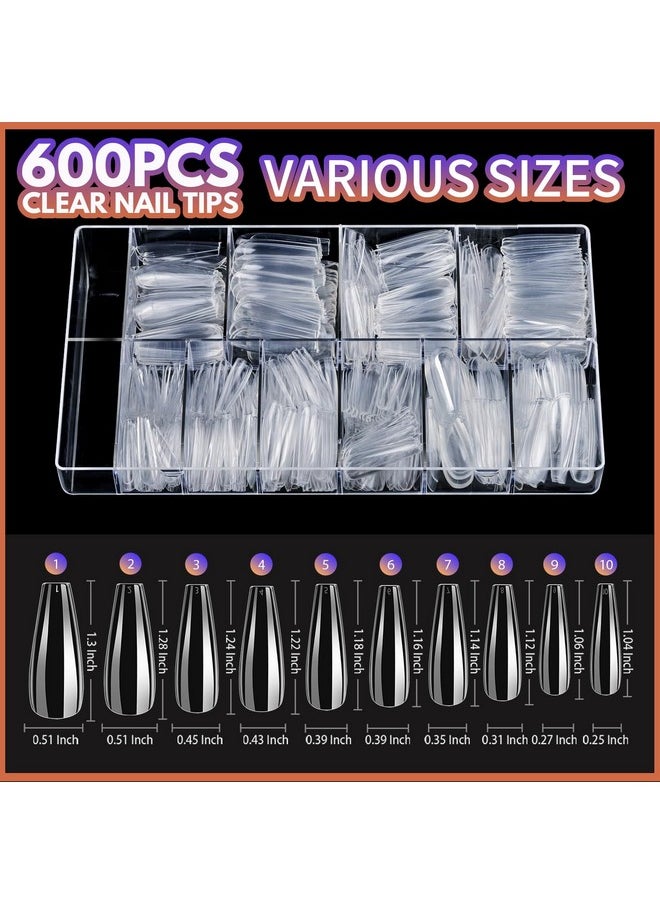 Teenitor - Teenitor Clear Coffin Nail Tips Set, Long Acrylic Nail Kit Full Cover Clear Press On Nails, 600 Pcs Fake Nails with Glue, Acrylic Nail Clipper Files and Buffer Polisher - Image 1
