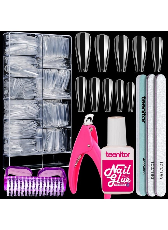 Teenitor - Teenitor Clear Coffin Nail Tips Set, Long Acrylic Nail Kit Full Cover Clear Press On Nails, 600 Pcs Fake Nails with Glue, Acrylic Nail Clipper Files and Buffer Polisher - Image 1