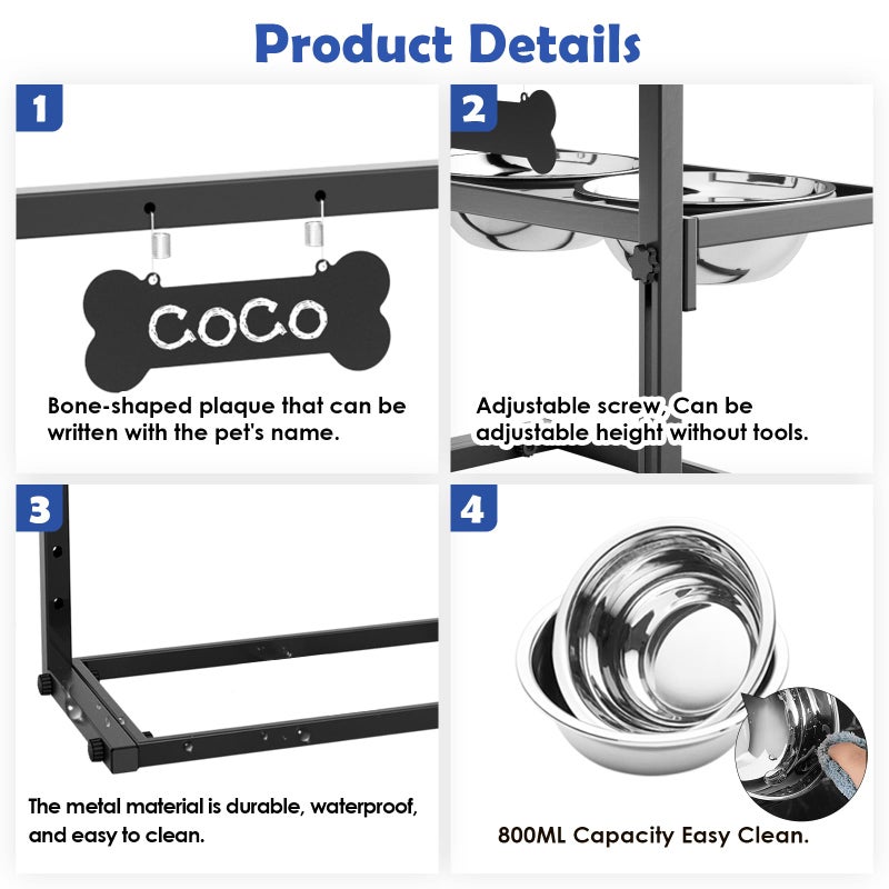 TIDANT Elevated Dog Bowls for Medium and Small Dogs, 5 Height Adjustable & 2 Stainless Steel Bowls 800ml/27oz, Raised Food Dog Water Stand - Image 5