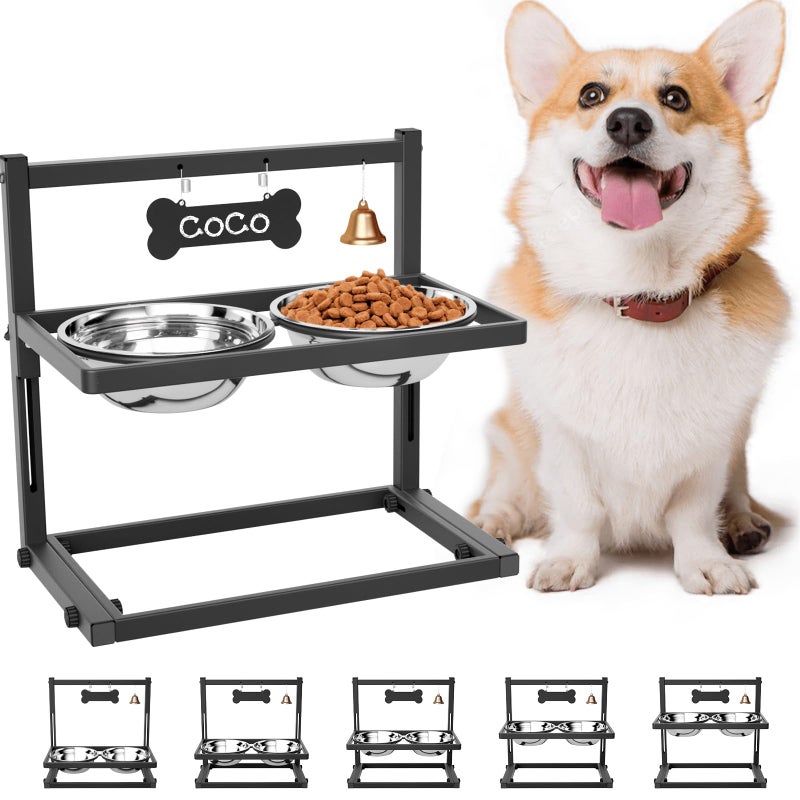 TIDANT Elevated Dog Bowls for Medium and Small Dogs, 5 Height Adjustable & 2 Stainless Steel Bowls 800ml/27oz, Raised Food Dog Water Stand - Image 1