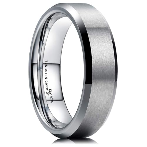 King Will 6mm Men's Silver Wedding Ring - Brushed Matte Surface, Beveled Polished Edge, Comfort Fit Size7.5 - Image 1