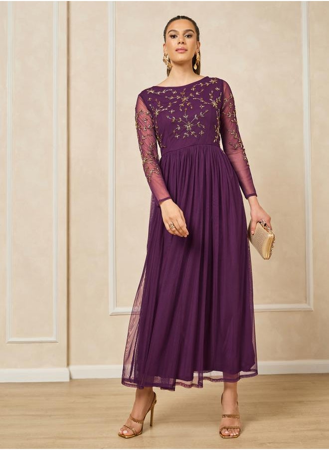 Styli - Embellished Long Sleeves A-Line Maxi Dress - Image 1
